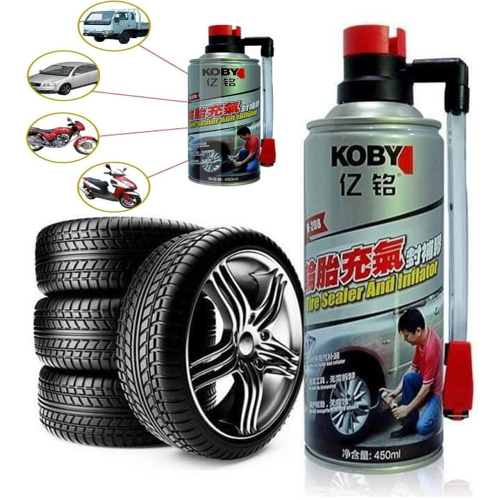 Bình chai bơm keo tự vá vỏ lốp bánh xe máy ô tô Koby 450ml khẩn cấp có và không săm thông minh