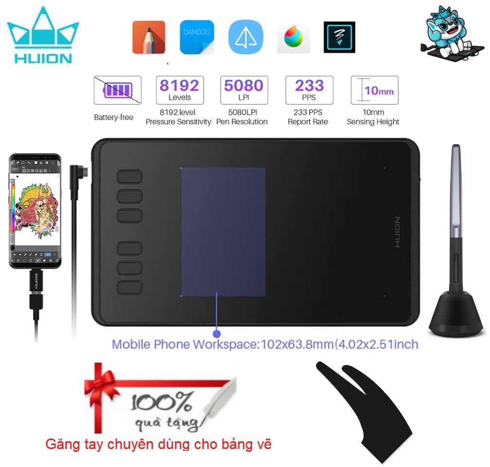 Bảng Vẽ Thiết Kế Đồ Họa Chuyên Nghiệp Huion H640P Hỗ Trợ Đa Nền Tảng PC,Laptop,Smartphone chạy cả trên Windows/Mac lẫn Điện Thoại Android - Hàng Chính Hãng. HUION Inspiroy H640P Drawing Tablets Graphics Pen Tablet with 8192 Pressure Levels Hàng Nhập Khẩu
