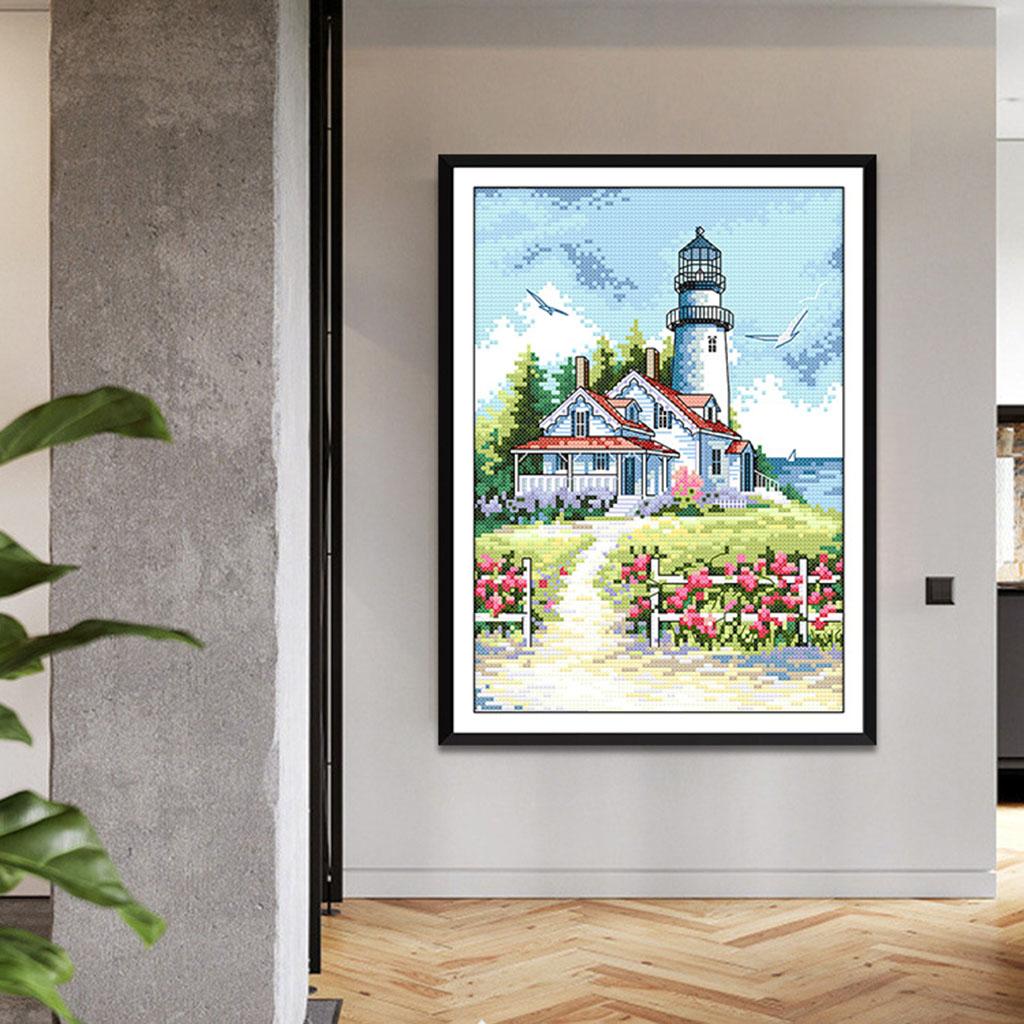 Seaside Lighthouse Stamped Cross Stitch Kit DIY Embroidery Home Decor 14CT