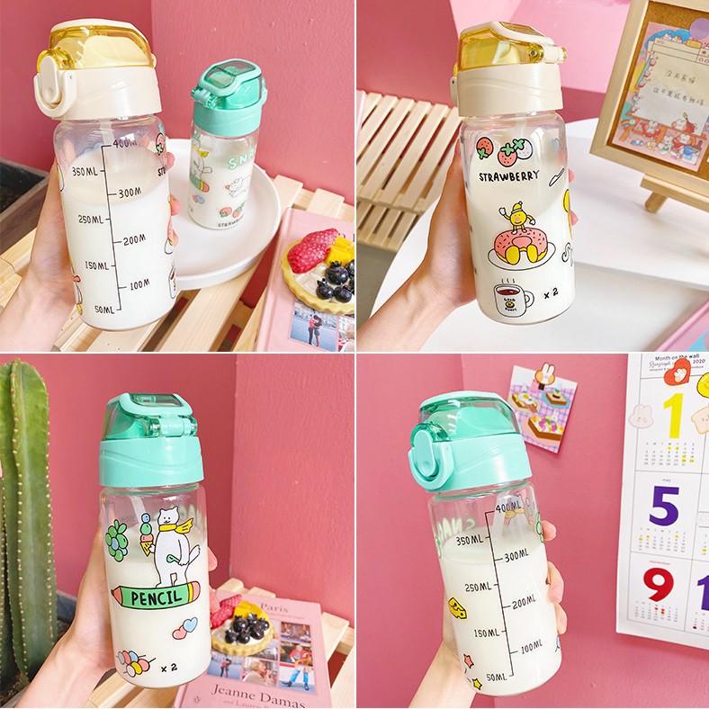 Bình thủy tinh có ống hút và vạch chia ml in hình ngộ nghĩnh 450ml và 550ml