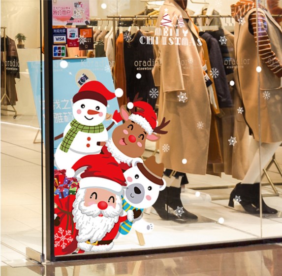 Decal trang trí Noel người tuyết, gấu trắng và ông noel lấp ló chào đón