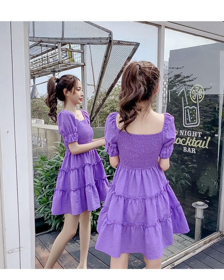 DIYIWEI Phụ nữ mùa hè 2023 Square Neck Pleated Bubble Sleeve Thu hẹp eo Khoai tây tím Vintage Pháp Orange Terrier Dress