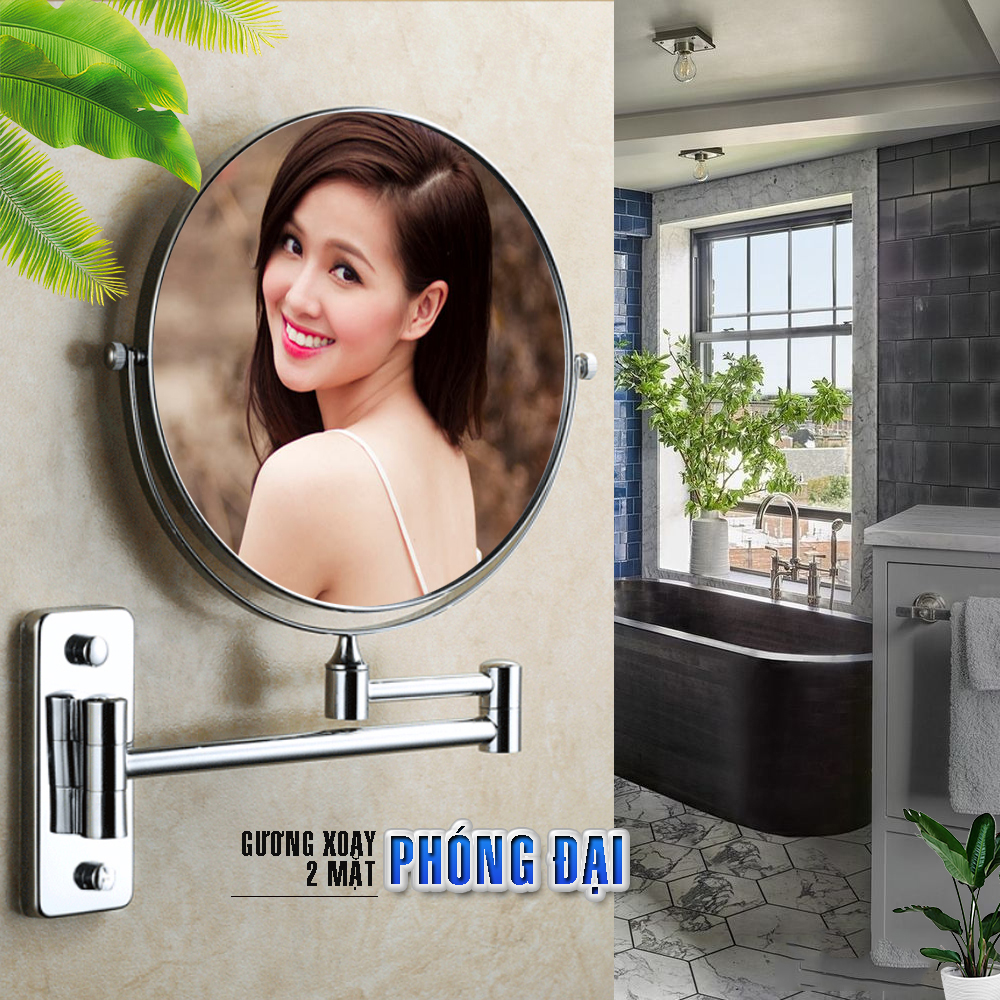 Gương trang điểm phóng đại 3 lần, xoay 360 độ, 2 mặt siêu nét, treo tường phòng tắm, phòng ngủ, Khách sạn, resort, Inox SUS 304, Size 15cm, 18cm, 20cm, MIHOCO G31- Tặng kèm: Móc giá đỡ điện thoại