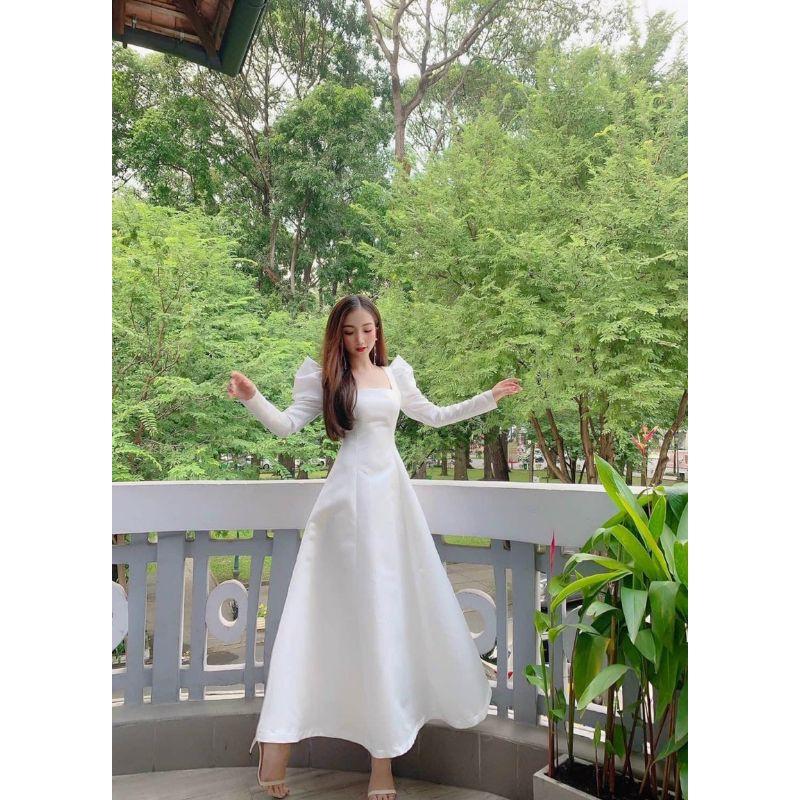 Váy maxi tay dài cổ vuông_ kiểm tra khi nhận