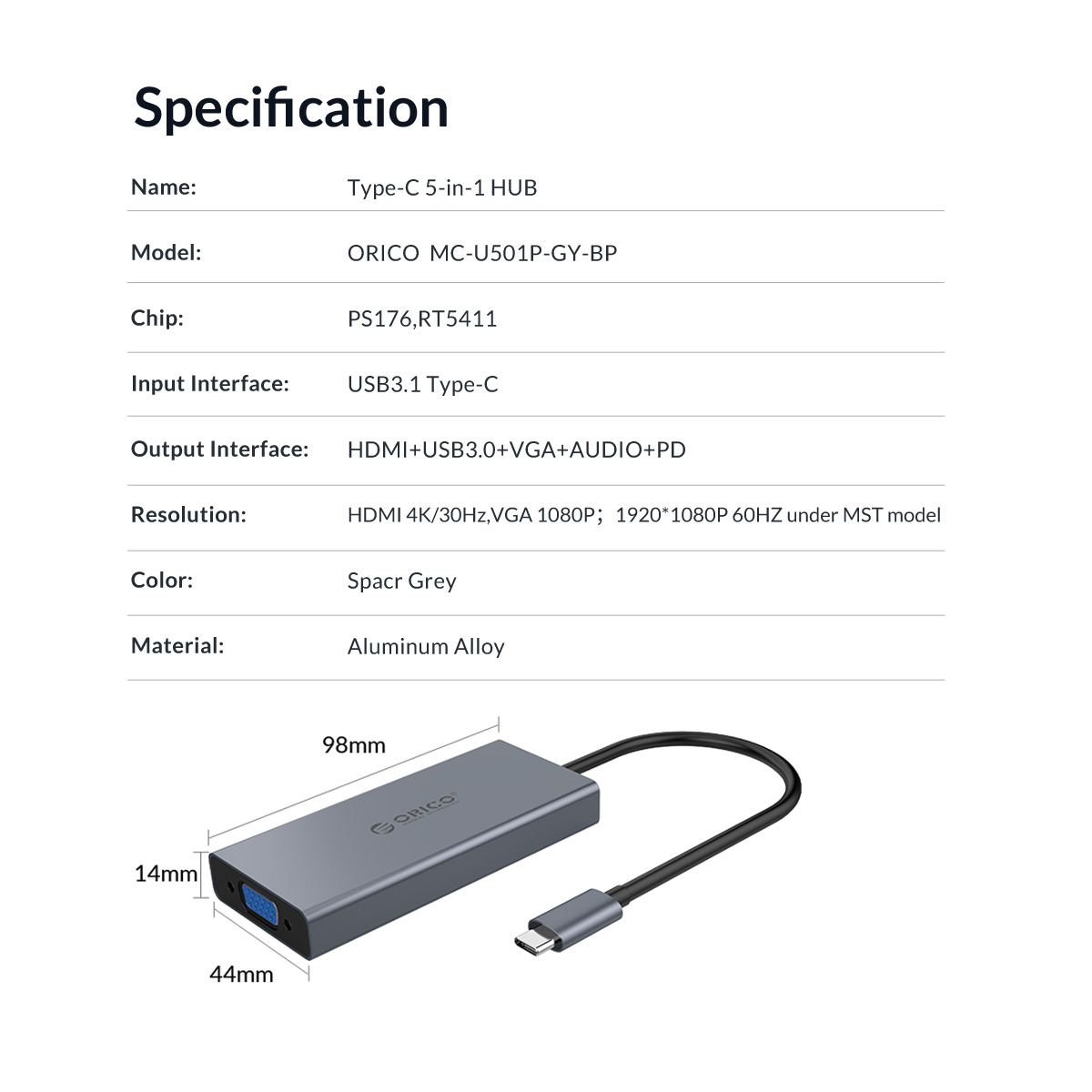 Hub USB Type-C 5 Cổng HDMI 4K 30Hz/ VGA 1920 * 1080P 60Hz/ USB 3.0 5Gbps/PD 60W Max/ AUDIO ORICO MC-U501P-GY - Hàng Chính Hãng