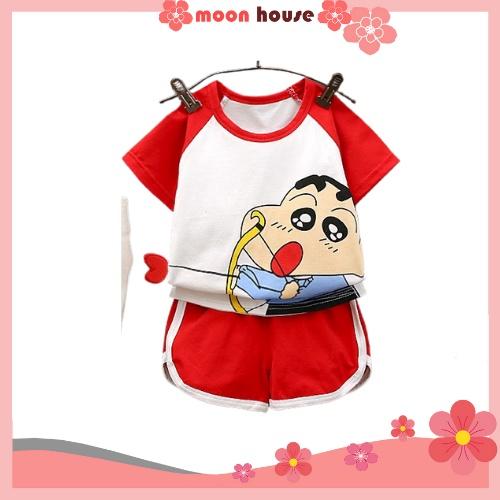 Bộ cộc tay cho bé trai in hình chú bé Shin chất cotton, bộ quần áo bé gái diện hè cực yêu Moon House