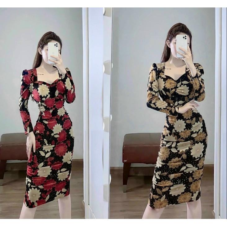 Đầm dự tiệc, Đầm ôm body cổ v tay dài in hoa, giấu bụng, co giãn tốt