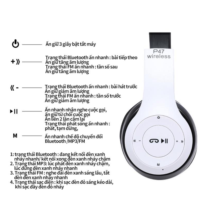 Tai Nghe Chụp Tai Bluetooth P47 .Có Thẻ Nhớ, Âm Bass Cực Chất, Nghe Nhạc Cực Hay .Tai Không Dây Có Mic--Bảo Hành 3 Tháng