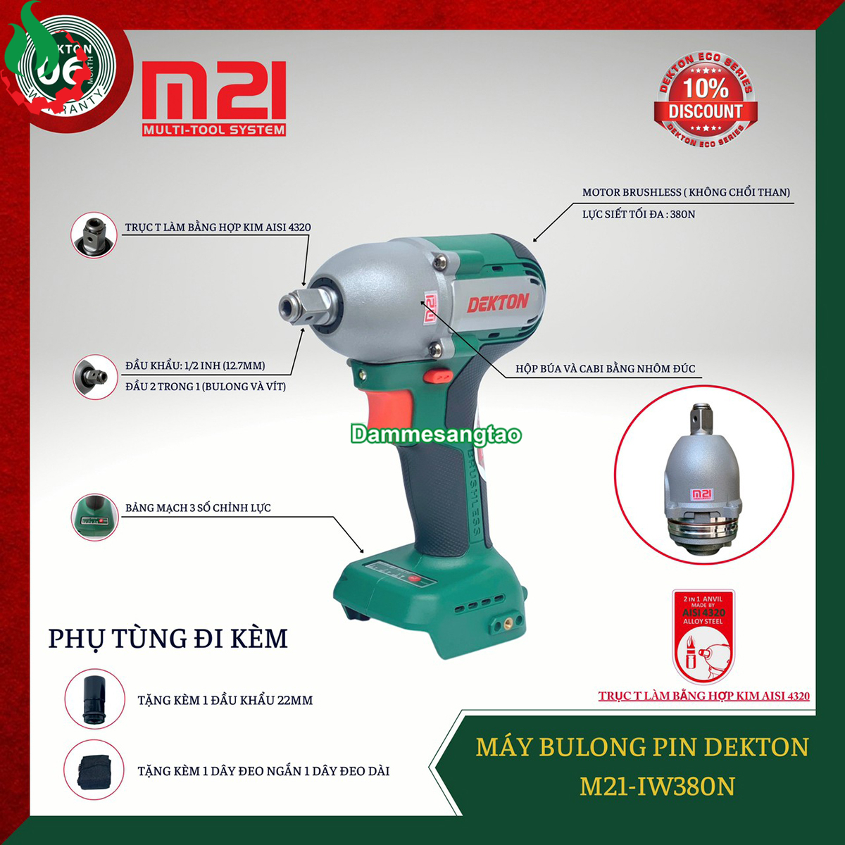 Thân máy siết bulong dùng pin 18V Dekton M21-IW380N 380Nm