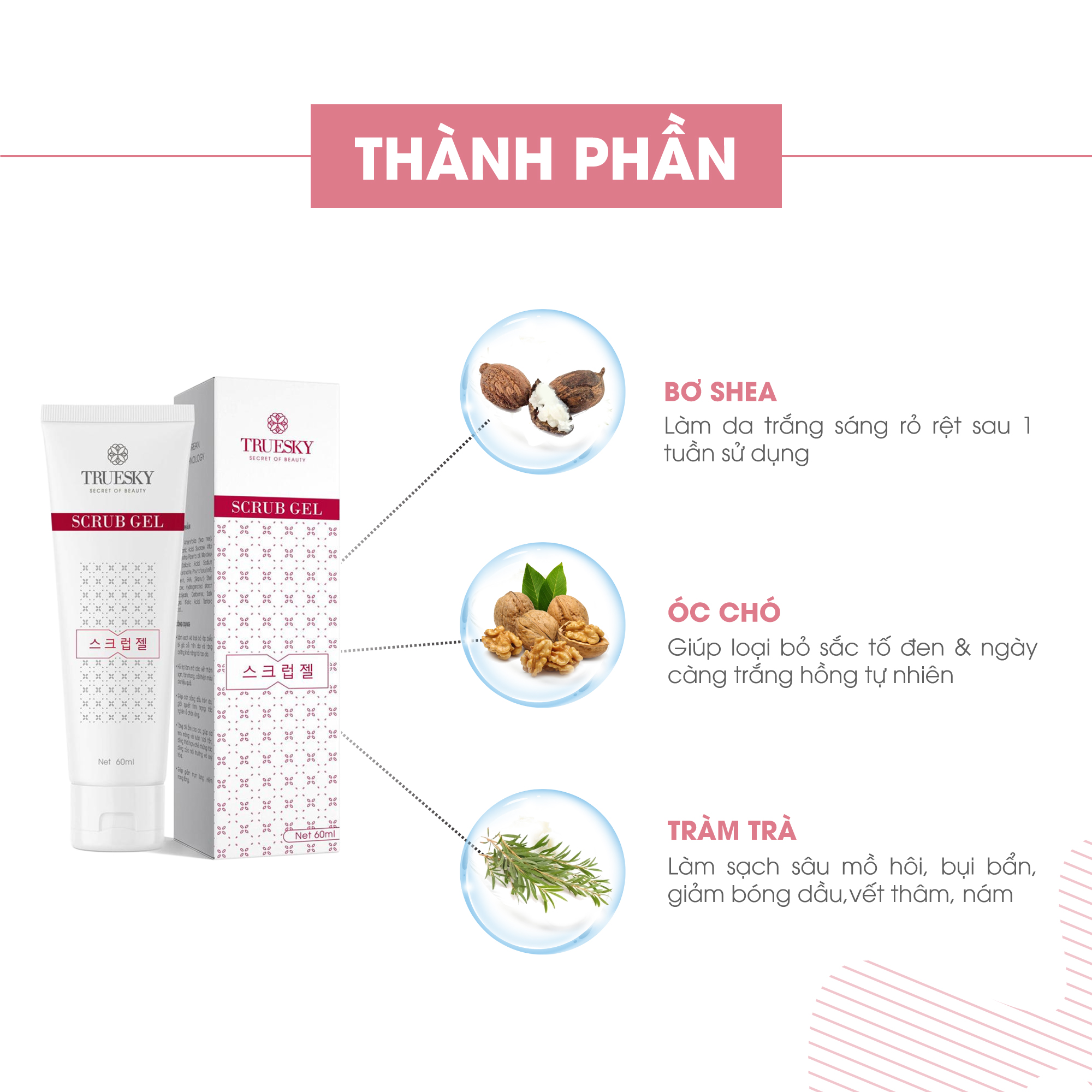 Bộ sản phẩm làm mờ nám da mặt Truesky V04 gồm 1 kem nám da Melasma Cream 15g + 1 gel tẩy tế bào chết Scrub Gel 60ml + 3 miếng mặt nạ trắng da Truesky