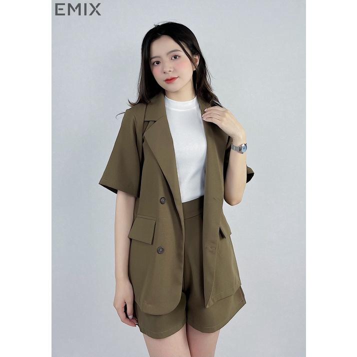 Set vest cộc tay EMIX (màu nâu), áo blazer cộc tay, quần short cạp cao, form rộng, có cúc, chất trượt hàn 109