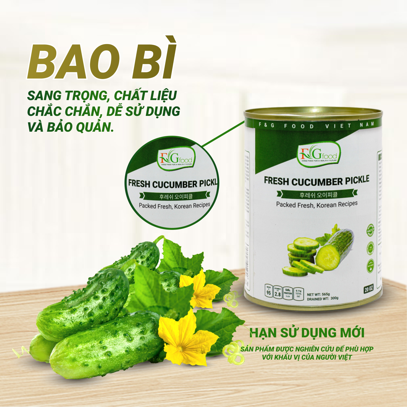 Dưa Chuột Bao Tử Cắt Lát Ngâm F&amp;G Food , Lon 565gr Ăn Kèm Thịt Nướng, Làm Gỏi Trộn