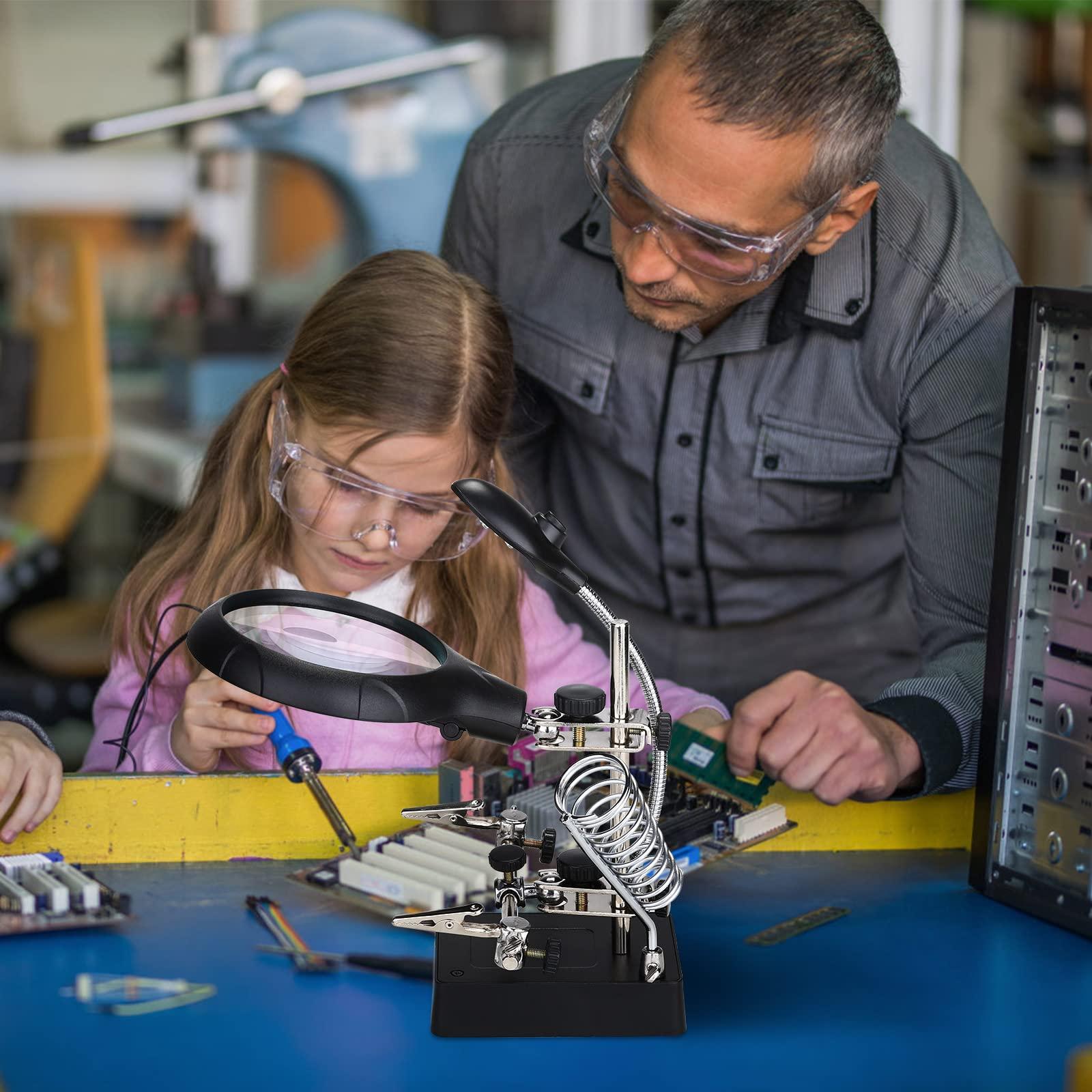 Kính lúp đứng 2,5X 7,5X 10x Kính lúp 5 đèn LED Bàn hàn đa chức năng tay thứ ba cho kỹ sư điện tử Thợ đồng hồ Sửa chữa đồng hồ hàn