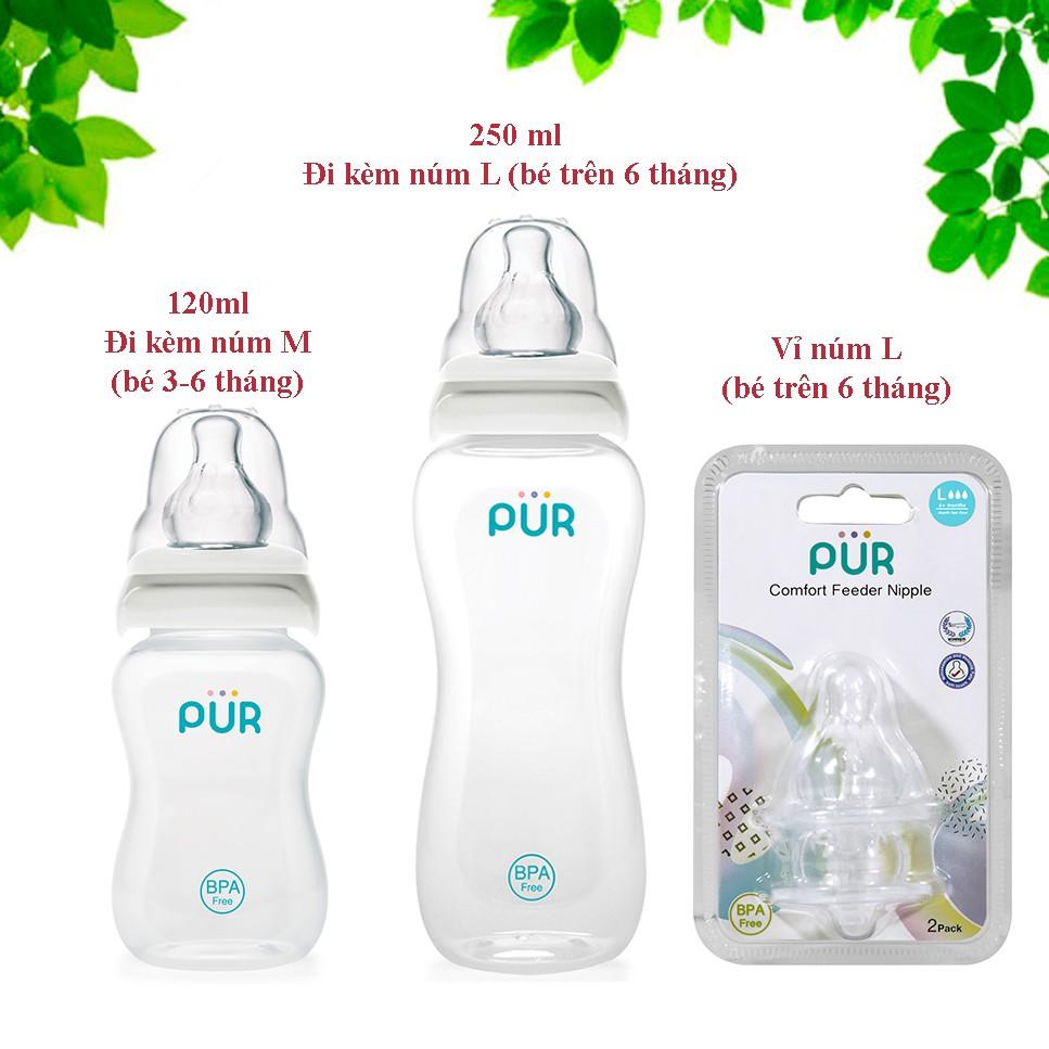 Combo 2 bình sữa Pur Comfort Feeder 120ml và 250ml + Vỉ núm size L