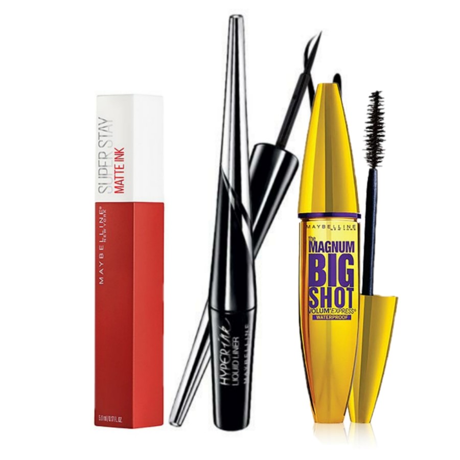 Bộ Trang Điểm Mắt Và Môi Maybelline (Son Kem Lì Stay Ink Màu 25 + Mascaca Big Shot + Bút Kẻ Mắt Nước Hyper Sharp Liner)