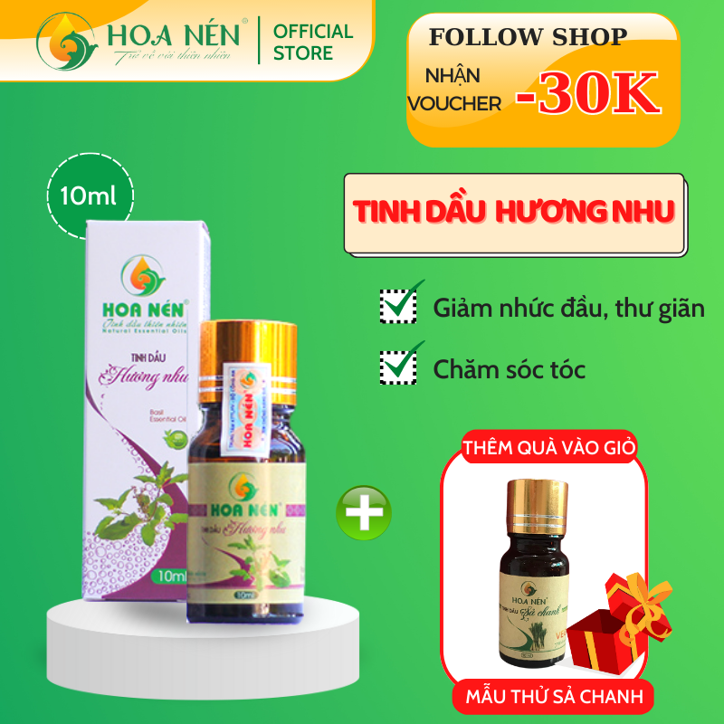 Tinh dầu Hương nhu nguyên chất 10ml - Hoa Nén - vegan - Khử mùi, hỗ trợ chăm sóc tóc
