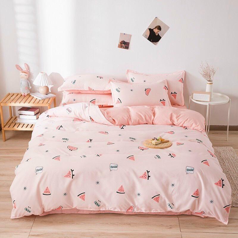 Bộ chăn ga gối cotton fly Hàn quốc dưa hấu hồng
