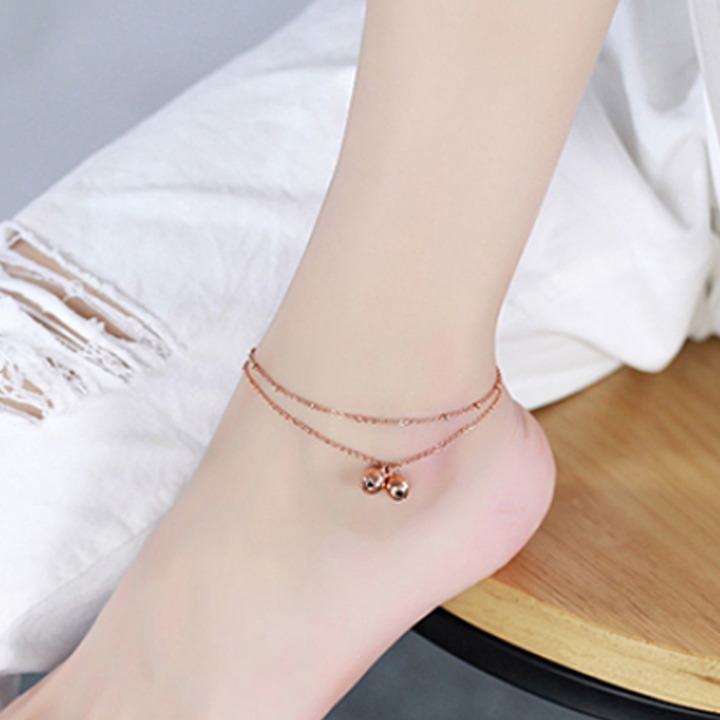 Lắc chân nữ 2 tầng treo lục lạc leng keng màu vàng hồng WLC514H