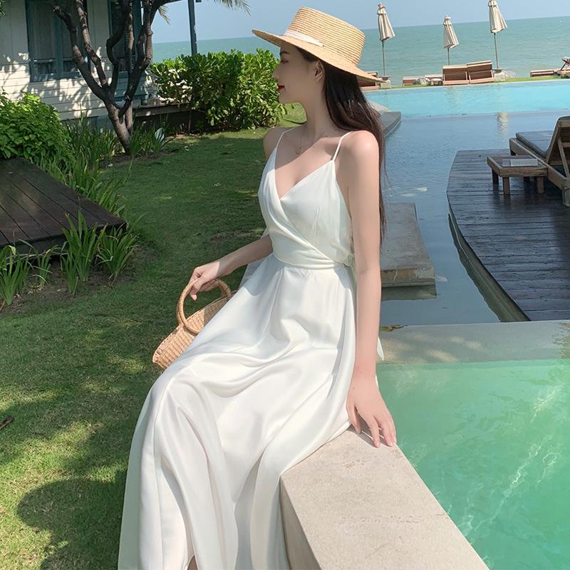 Đầm Hai Dây Dáng Dài Vải Satin Trơn Phong Cách Retro