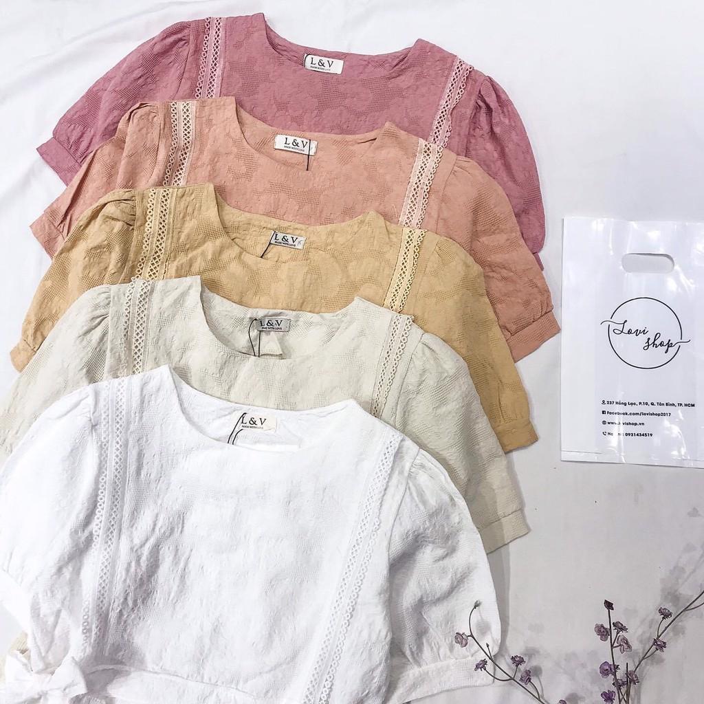 Áo xô thêu babydoll 2 nơ Áo xô ren cột nơ 2 bên nhiều màu Lovi