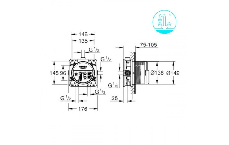 Mặt nạ điều khiển vòi sen âm + bộ âm ổn nhiệt Grohe 24068IG0+35600000