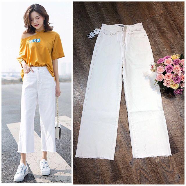 Quần jean ống rộng tua lai xinh xắn