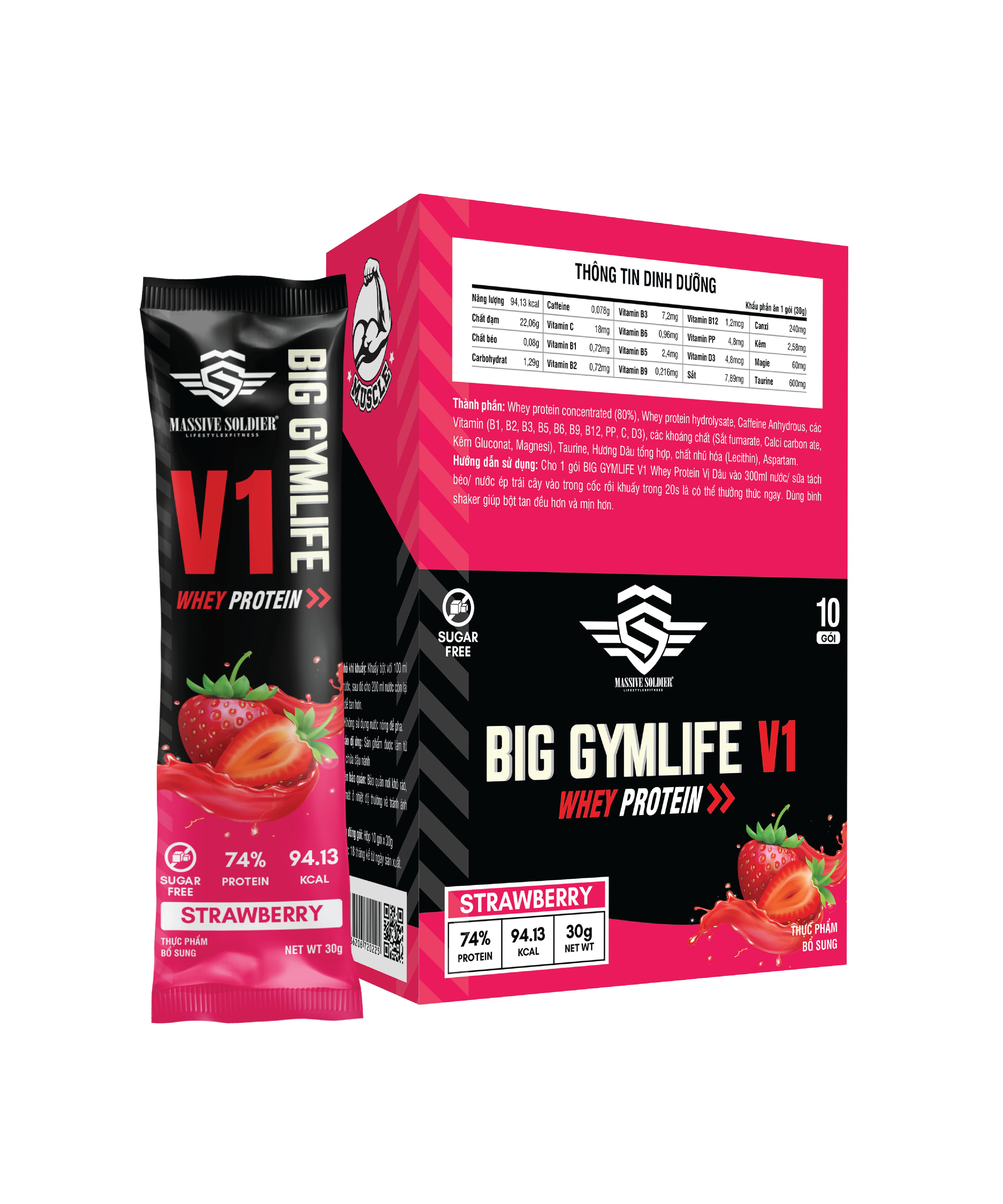 Bột Whey Protein BIG GYMLIFE V1 STRAWBERRY Bảo Long (Hộp 10 gói x 30g) - Hàng Chính Hãng