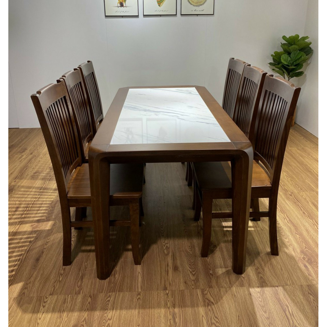 Bộ bàn ăn gỗ sồi 6 ghế mặt bàn đá ma 5