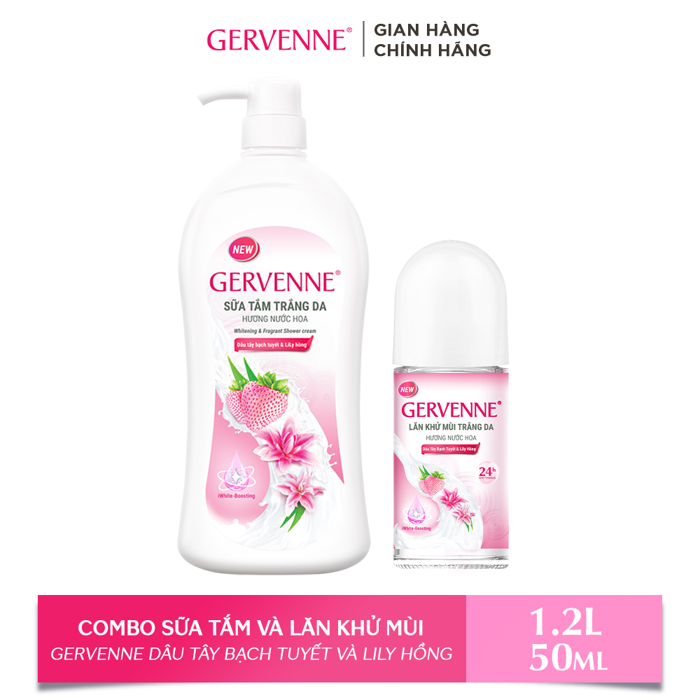 Combo Sữa tắm trắng da Gervenne 1.2L và Lăn khử mùi trắng da hương Dâu Tây Bạch Tuyết và Lily Hồng 50ml