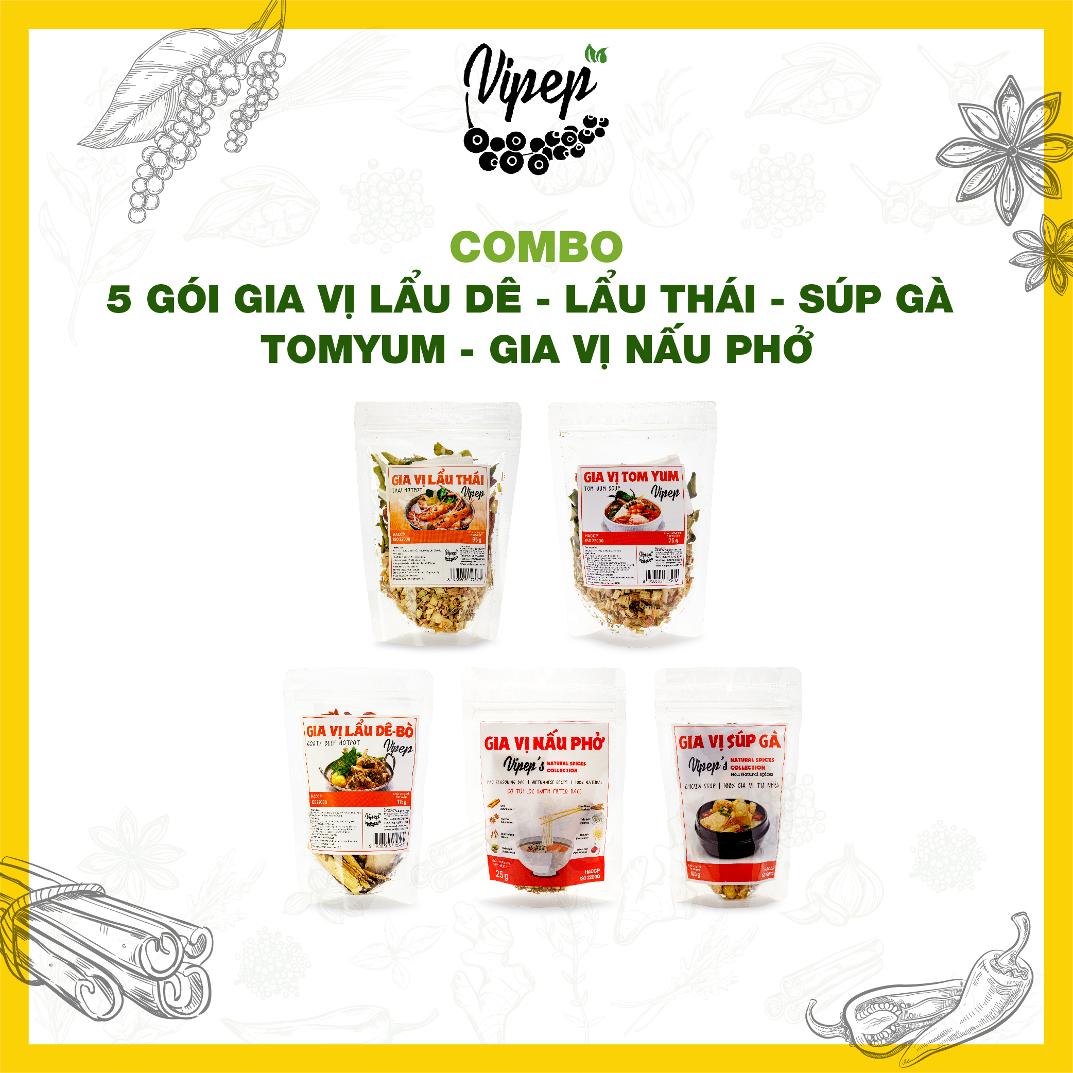 Combo 5 gói gia vị nấu phở - lẩu thái - Tomyum chuẩn Hadilao - bò/dê - súp gà - gà tiềm
