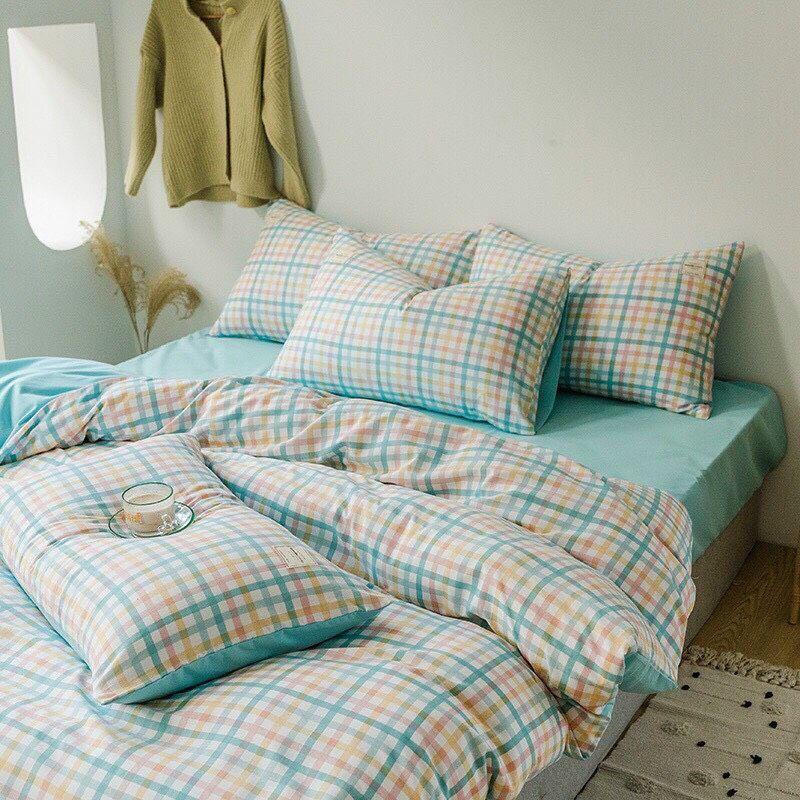 Bộ Chăn Ga Gối Cotton Tici Kẻ. Chăn Ga Phong Cách Hàn Quốc