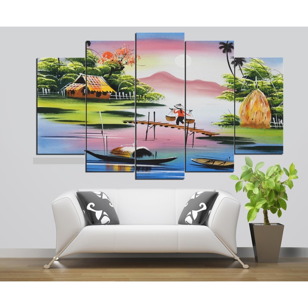 Bộ 5 tấm tranh treo tường Đồng Quê T3M-11515 /Gỗ nhập khẩu Hàn Quốc-Bo viền,chống lóa,ẩm mốc,mối mọt