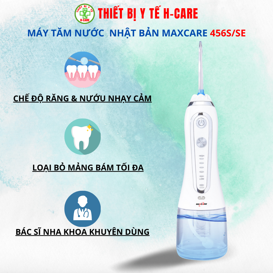 Máy tăm nước cầm tay vệ sinh răng miệng từ Nhật Bản chính hãng Maxcare Max456SE - khoang nước nhỏ gọn 240ml với túi chống sốc đi kèm, dễ mang mang đi, pin sạc dùng trong nửa tháng