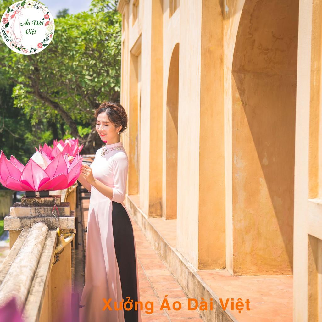 Áo Dài Hồng Đắp Hoa Ruy Băng - Áo Dài 4 Tà - Áo Dài Việt Hàng Lụa Chất Lượng