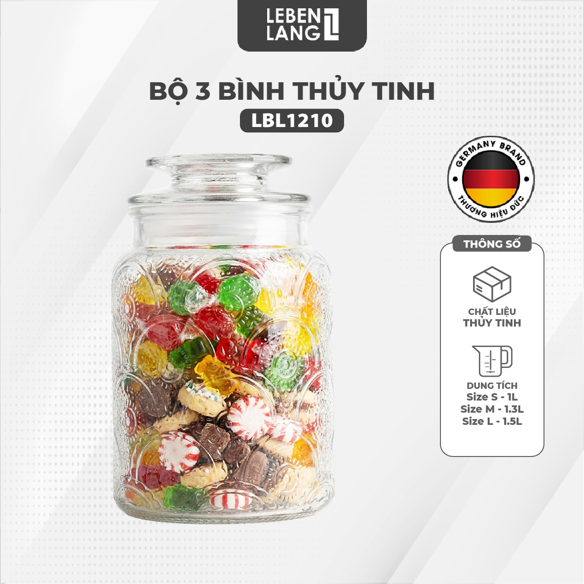 Bộ 3 Hũ Thủy Tinh Đựng Thực Phẩm Lebenlang LBL1210, Nắp Kín, Hoa Văn, Dung Tích 1L, 1.3L, 1.5L - hàng chính hãng