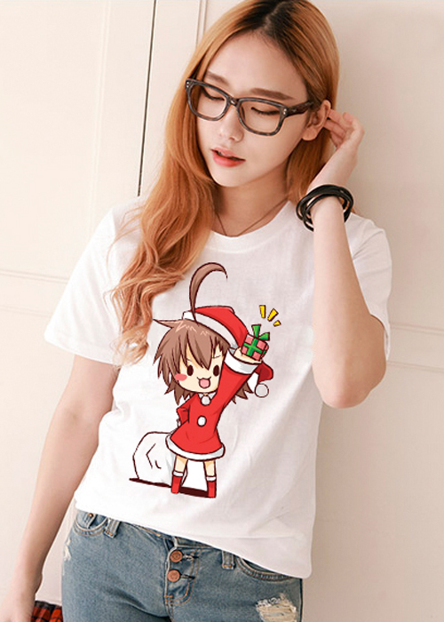 Áo Thun Nữ Màu Trắng Tay Ngắn In Bé Gái Đón Giáng Sinh NOEL