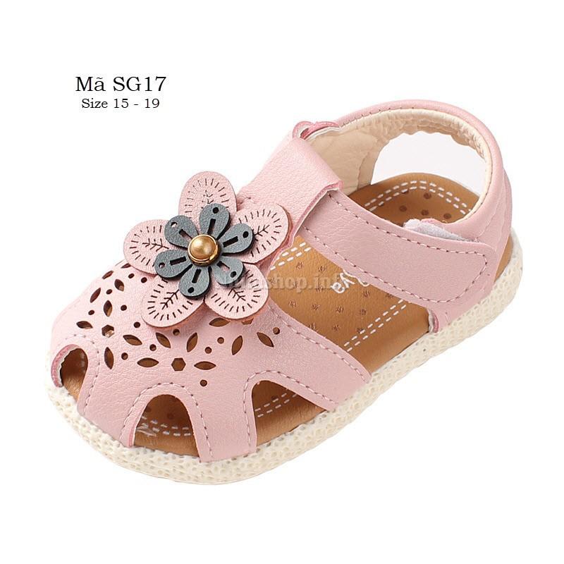 Sandal cho bé gái tập đi - giày tập đi em bé 6 - 24 tháng SG17 gắn hoa quai mềm