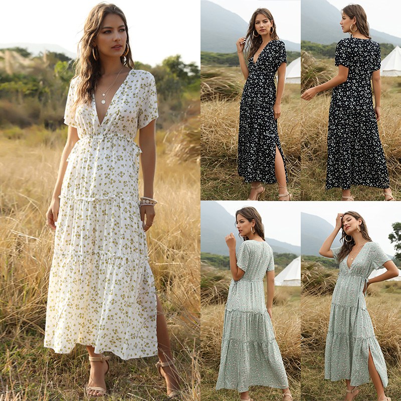 Boho Women Dress Floral Print Deep V Neck High Waist Ruffle Split Beach Maxi Gown Elegant Party One-Piece