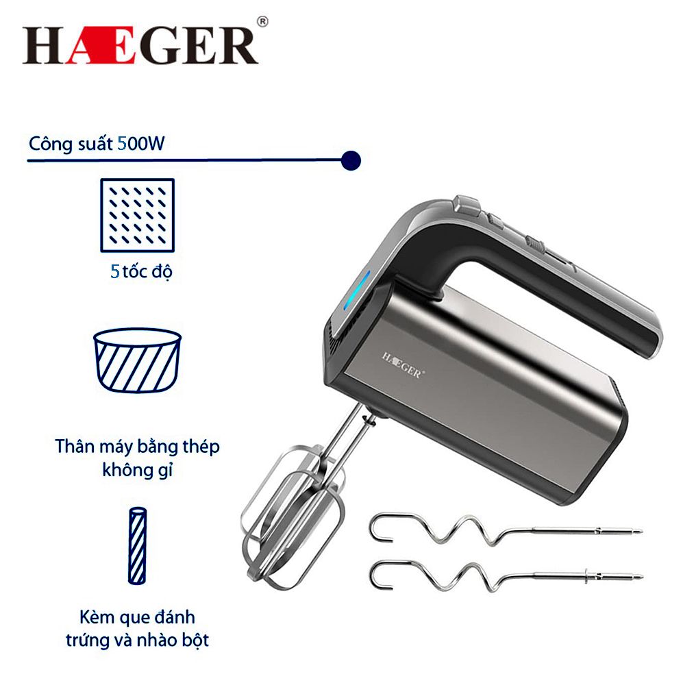 Máy đánh trứng và làm bánh cầm tay nhãn hiệu Haeger HG-6664 5 mức tốc độ đánh, Công suất 500W - Hàng nhập khẩu