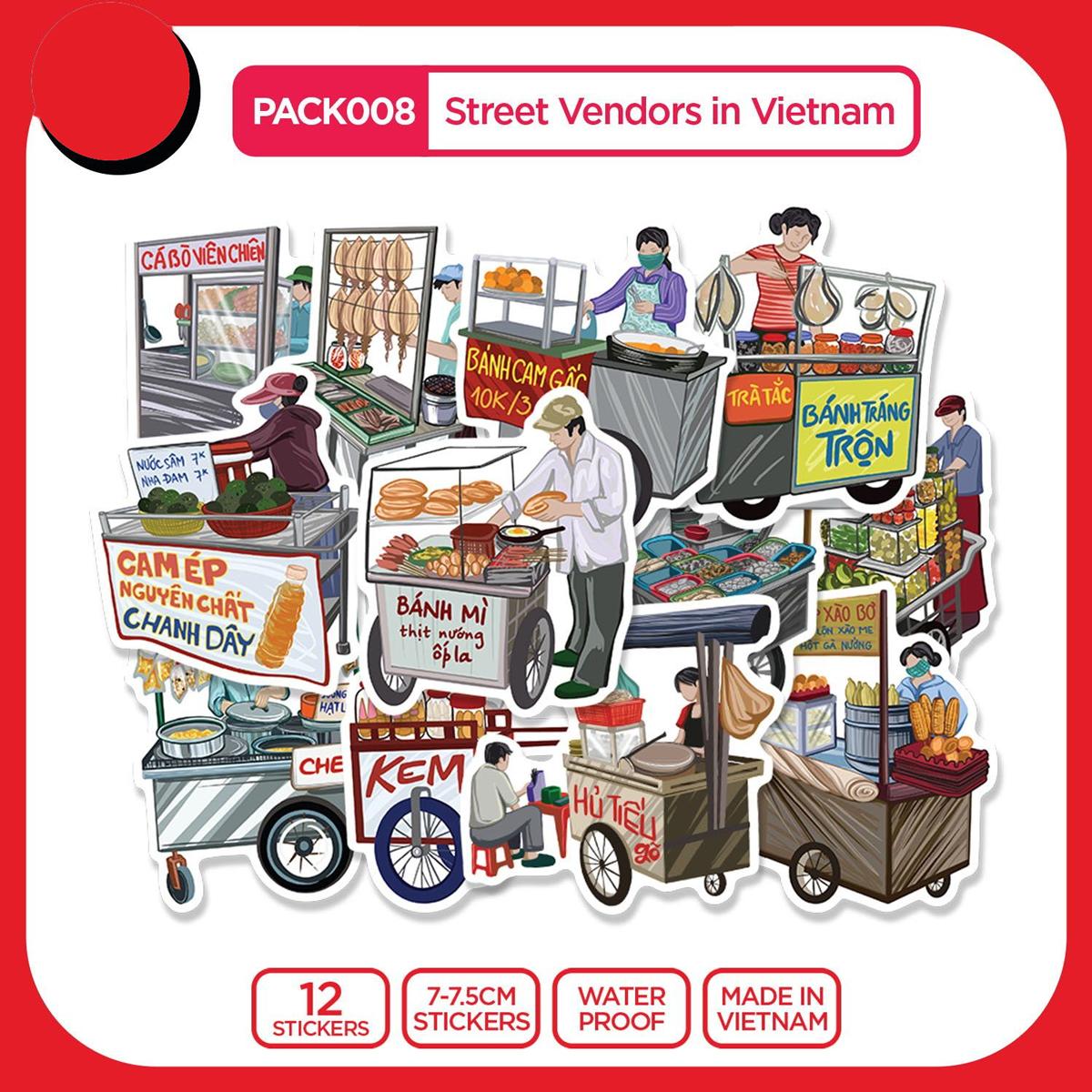 Bộ 12 Hình Dán Street Vendors in Vietnam - Die Cut Sticker Pack - Stickerfactory PACK008