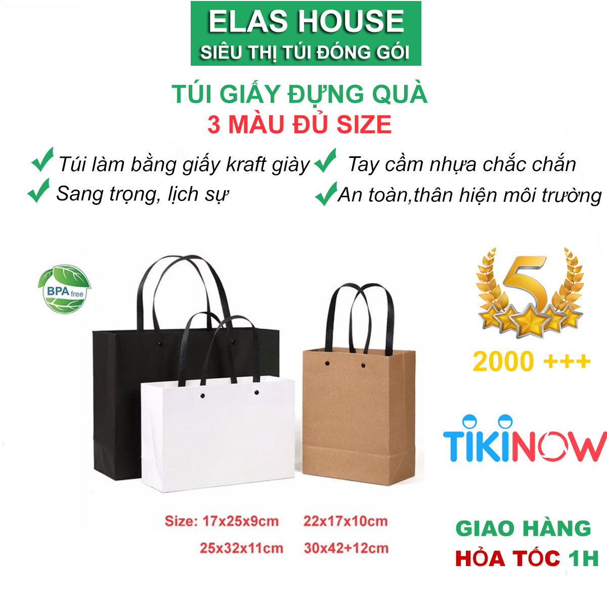 Túi giấy đựng quà Elas Home Túi giấy kraft đựng quà sang trọng có 3 màu đen hồng Kraft quai xách nhựa chắc chắn