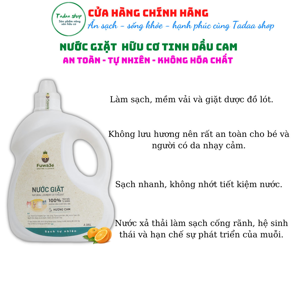 Nước giặt sinh học hữu cơ Fuwa3e tiết kiệm nước, cực sạch, an toàn cho bé hương cam can 4060ml