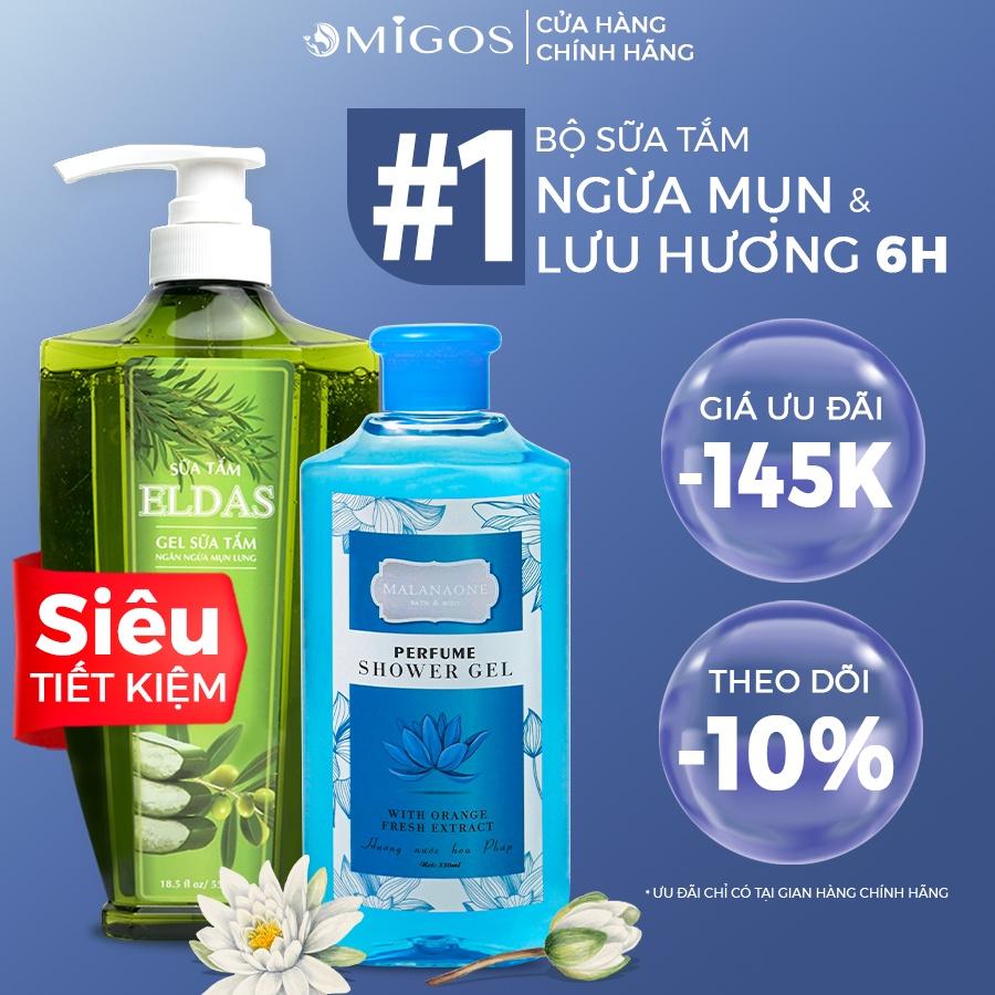 BỘ ĐÔI SỮA TẮM NGỪA MỤN LƯNG ELDAS 550ML VÀ SỮA TẮM NƯỚC HOA NHẬT BẢN MALANAONE LƯU HƯƠNG BỀN LÂU 6H 330ML