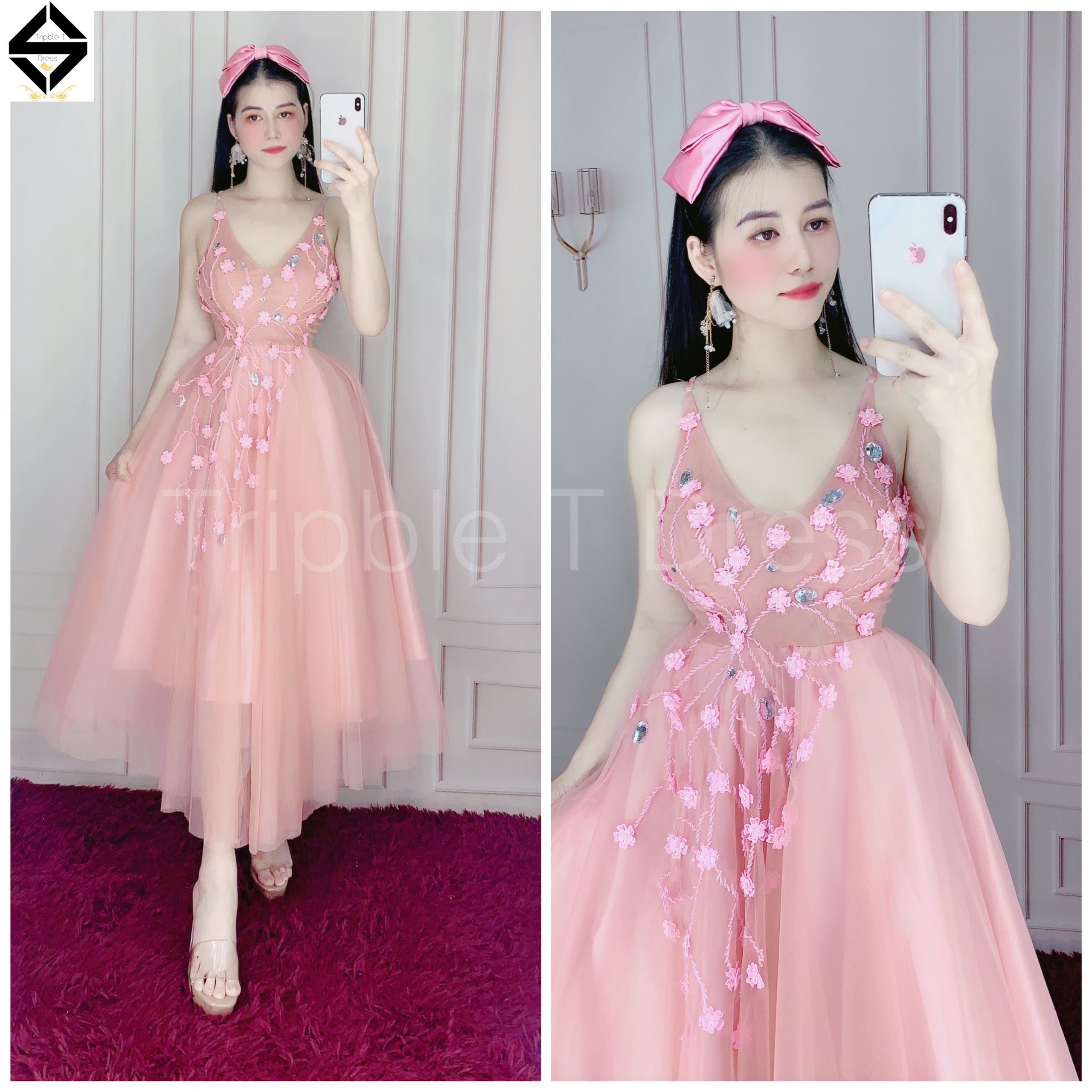 Đầm dự tiệc 2 dây kết cườm và hoa mai nổi TRIPBLE T DRESS - size M/L - MS301V