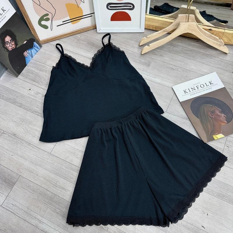 Set đồ bigsize áo dây viền ren kèm quần đùi ren chất gân tăm co giãn BIGSIZE CÔ NHỎ, Quần short áo thun - G124
