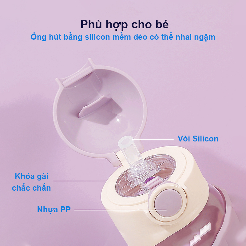 Bình nước cho bé đi học 620ml bằng nhựa PC chịu nhiệt tốt Baby-S, Bình uống nước cho bé có ống hút tặng kèm túi silicon và dây đeo tiện lợi – SBN013