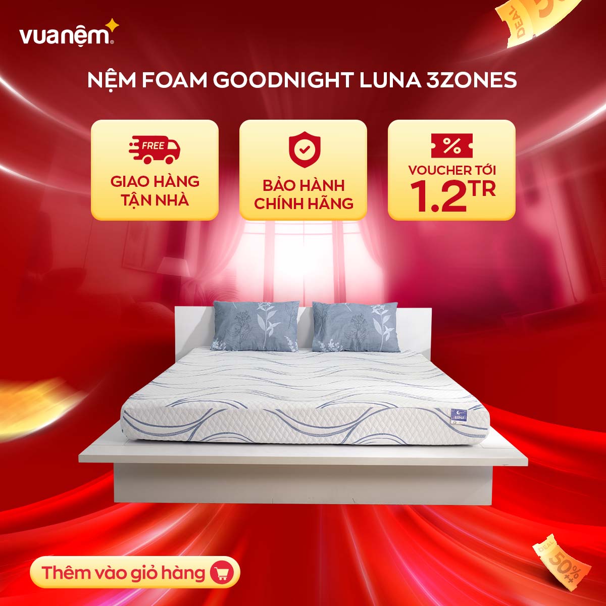 Nệm Foam Premium Goodnight Luna 3zones thoáng khí, êm ái