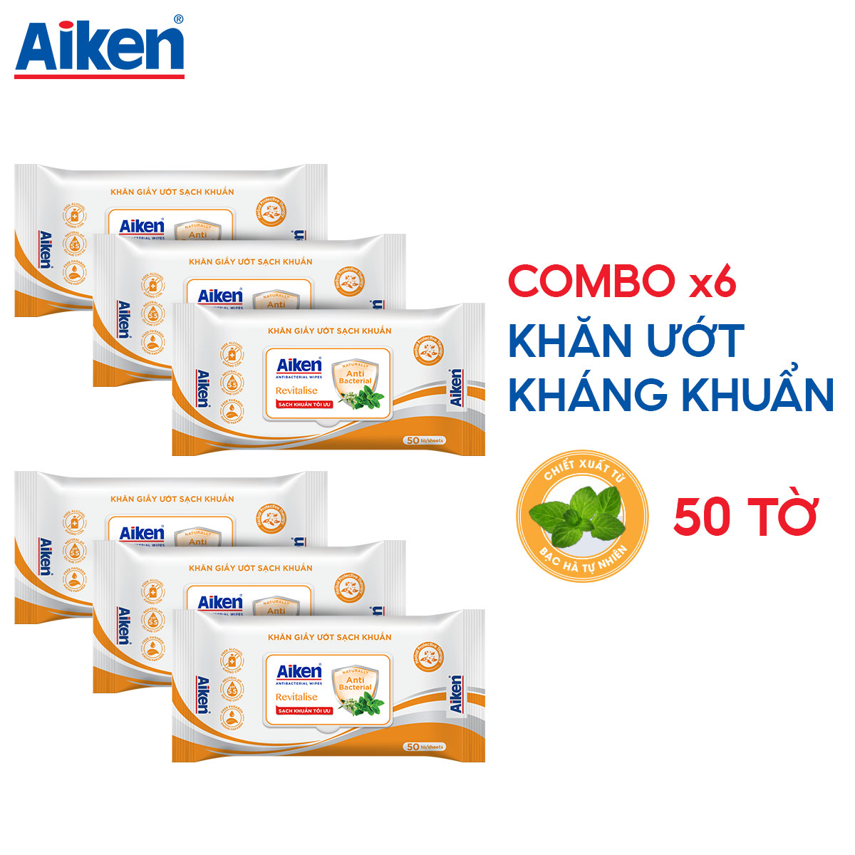 Aiken Combo 6 Khăn Giấy Ướt Sach Khuẩn Chiết Bạc Hà 50 Tờ/Túi