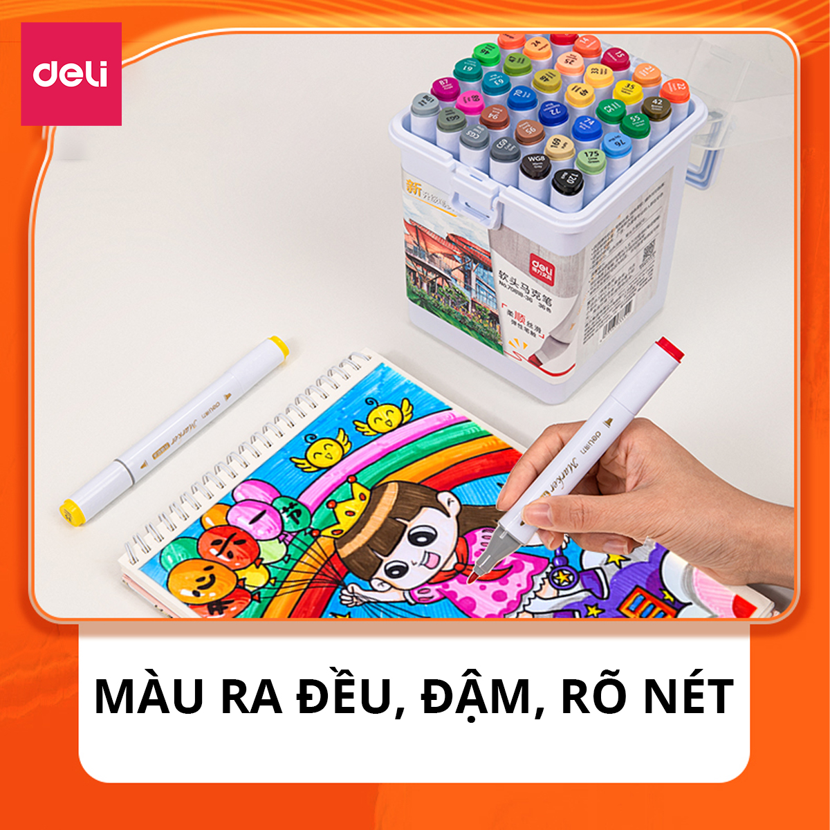 Bút Màu Dạ Marker 2 Đầu Chuyên Nghiệp Deli - Kèm Hộp Nhựa - 24/36/48/60 Màu Đậm, Mực Đều - Tô Màu, Đi Nét, Vẽ Tranh