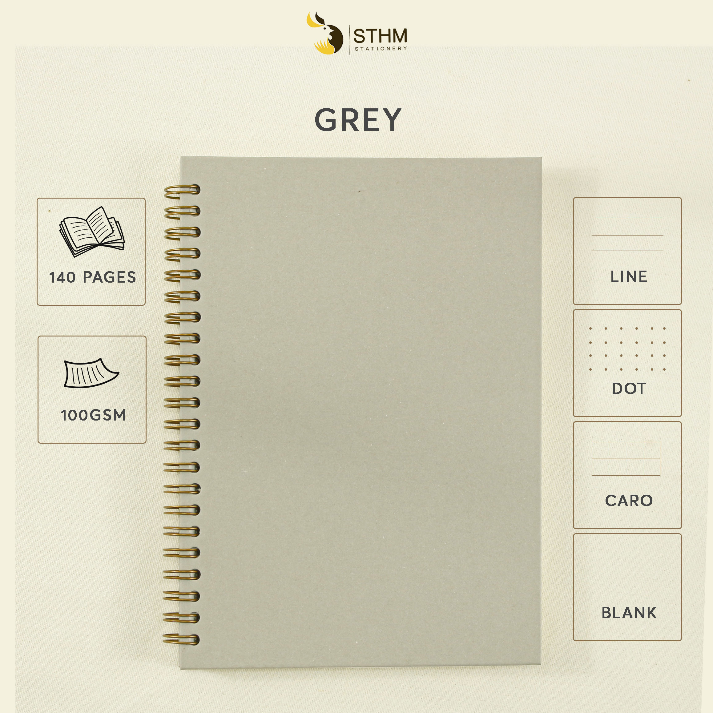 Sổ bìa trơn - GREY - Giấy mỹ thuật - A5 - Ruột kem 100gsm nhiều loại - STHM